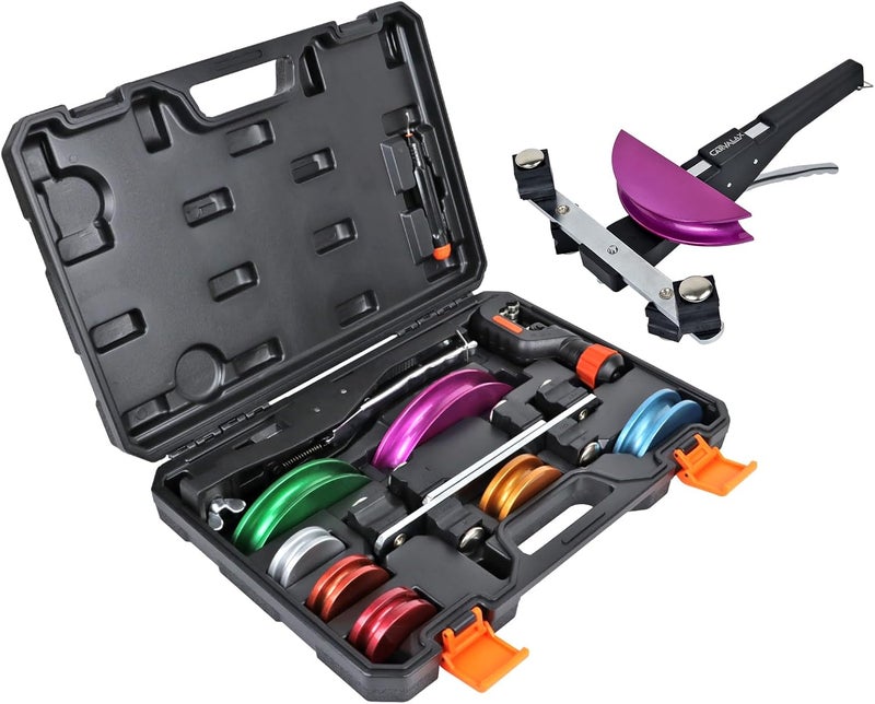 CARVALAX 90° Ratcheting Pipe Tube Bender Set: 1/4" to 7/8" O.D. with 7-Color Aluminum Heads – LITE MODEL (No Reverse) with Tube Cutter & Deburring for HVAC, Air Conditioning and Hydraulic Applications - Image 1